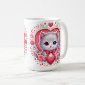 Mug Kitten avec Bow rouge avec Coeurs floraux romantiq (Devant droit)