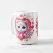 Mug Kitten avec Bow rouge avec Coeurs floraux romantiq (Devant gauche)