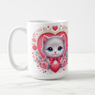 Mug Kitten avec Bow rouge avec Coeurs floraux romantiq