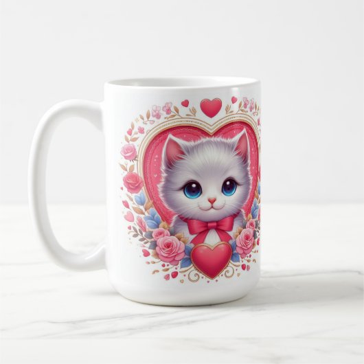 Mug Kitten avec Bow rouge avec Coeurs floraux romantiq (Gauche)