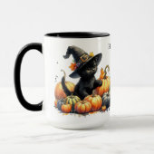 Mug Kitten d'Halloween noir avec Citrouilles et Casque (Gauche)