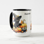 Mug Kitten d'Halloween noir avec Citrouilles et Casque (Devant gauche)