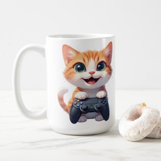 Mug Kitten Holding Game Controller Smiling Gamer Cat I (Avec donut)
