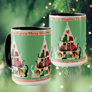 Mug Kitty Christmas Tree Blush Green Custom Holiday