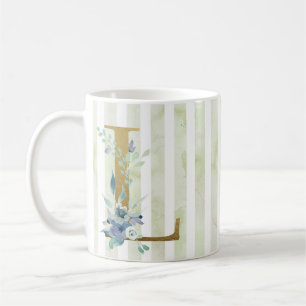 Mug L initial en or sur bandes bleues et blanches