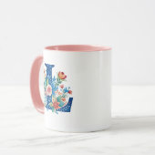 Mug L monogramme bleu avec fleurs (Devant gauche)