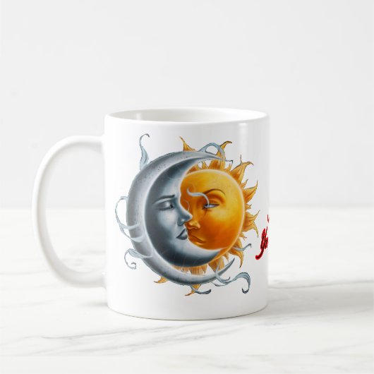 Mug La Lune et le Soleil dansant ensemble sur un Blanc (Gauche)