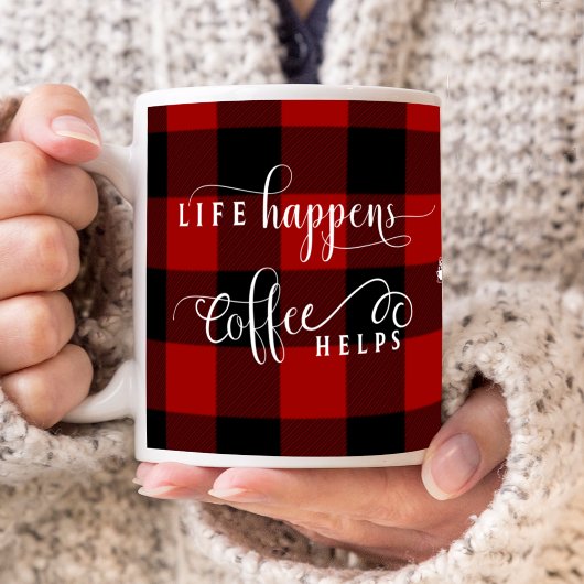 Mug La vie arrive, le café aide, Carreaux, Monogramme 