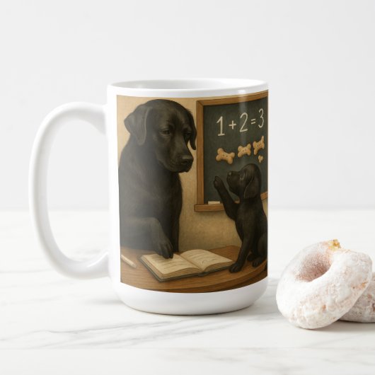 Mug Labrador noir et chiot à l'école (Avec donut)