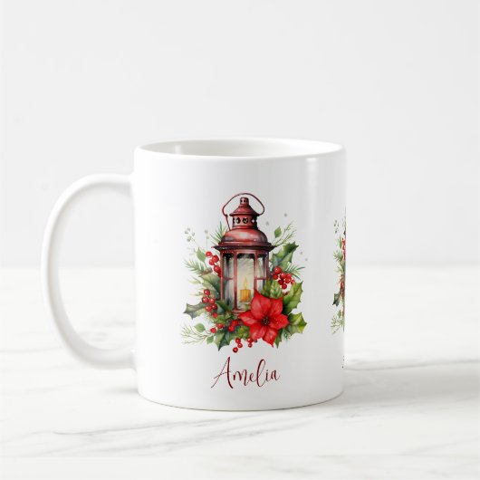 Mug Lanterne rouge de Noël Poinsettia et pin (Gauche)