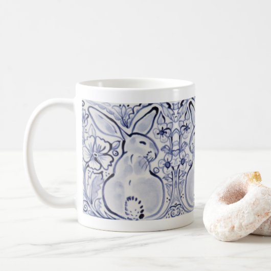 Mug Lapin Bleu et Blanc Art Floral Printemps Pâques (Avec donut)