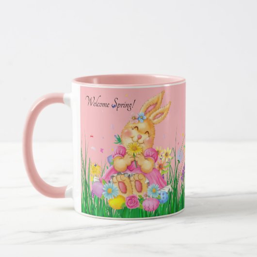 Mug Lapin de Pâques en rose Printemps Fleurs temps Cad (Gauche)
