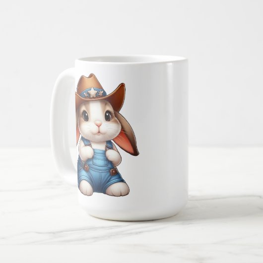 Mug Lapin en tenue Cowboy avec Casquette et coutures (Devant gauche)