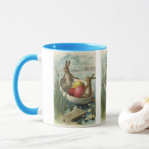 Mug Lapins de Pâques vintage dans un bateau avec des œ