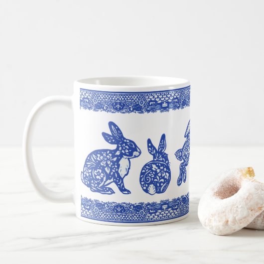Mug Lapins Floraux Bleus et Blancs Bunnies Mignons Whi (Avec donut)