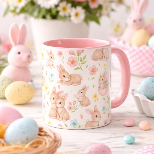 Mug Lapins mignons et motif de fleurs
