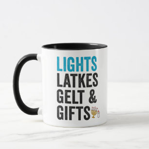 Mug Latkes lumineuses gelt et cadeaux drôle Hanukkah j