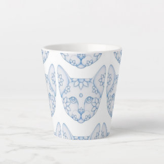 MUG LATTE CHATS BLEUS ET BLANCS AVEC FLEURS