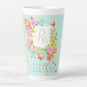 Mug Latte Vert Monogramme Jardin Fleuri Romantique (Devant)