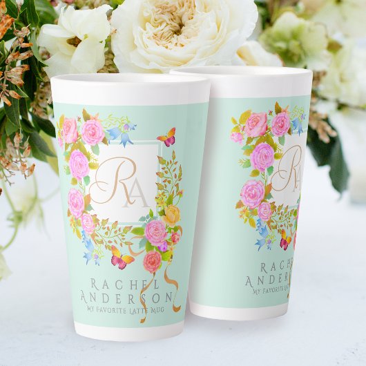 Mug Latte Vert Monogramme Jardin Fleuri Romantique