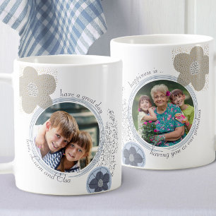 Mug Le bonheur est .. 2 Photo Fleurs Pop Art Bleu Gri