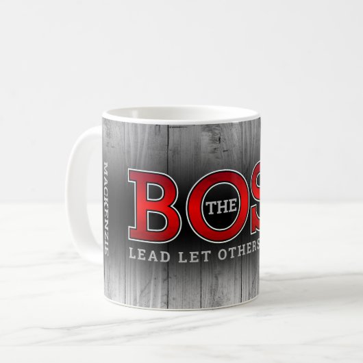 Mug Le BOSS Dirige Les Autres Suivent sur Bois Rustiqu (Devant gauche)