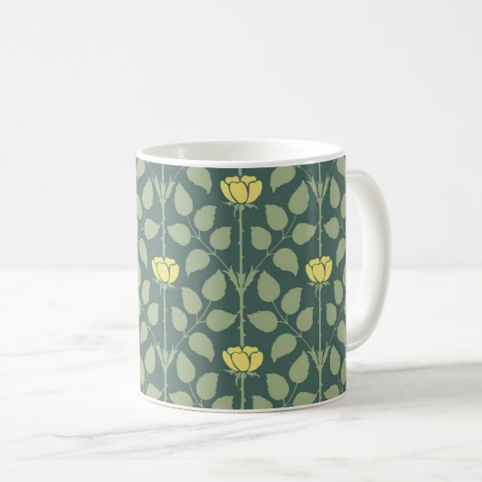 Mug Le Rose de Voysey, Jaune sur Pine Green (Devant droit)