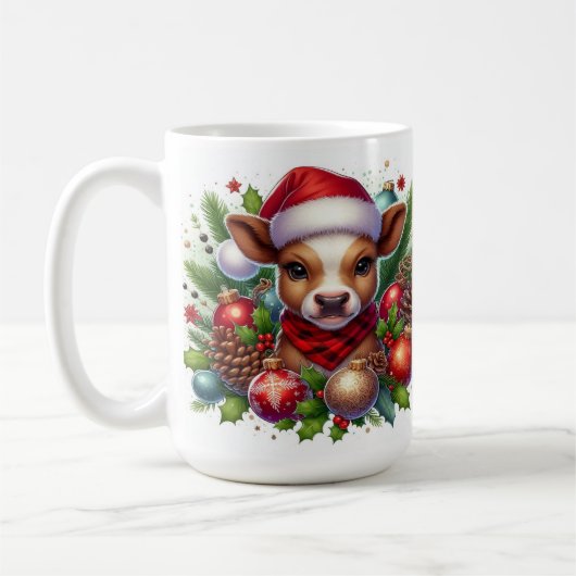 Mug Le veau à Santa Hat avec décorations de Noël (Gauche)
