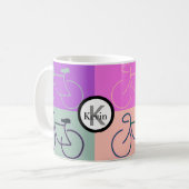 Mug Le vélo de monogramme ajuste le pourpre, la pêche (Devant gauche)