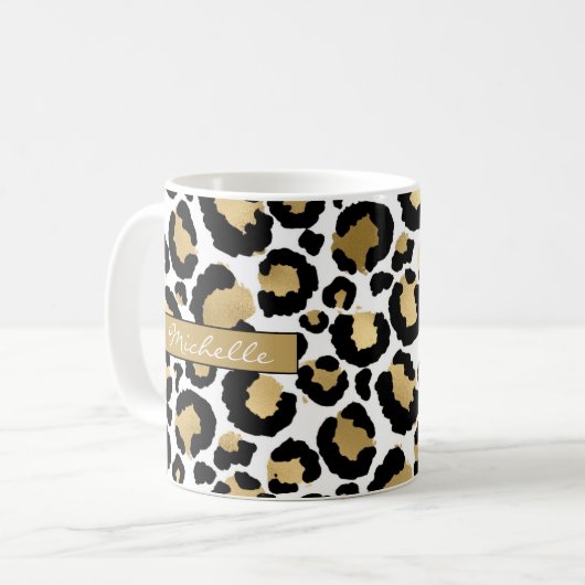 Mug Léopard blanc et doré Cube à café personnalisé (Devant gauche)