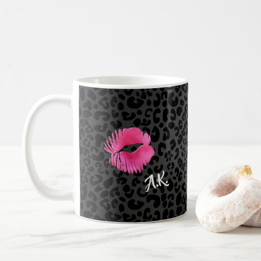 Mug Léopard de noir de baiser de Lipgloss de roses (Avec donut)