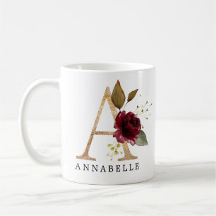 Mug Lettre A de fleur élégante or et bordeaux