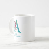 Mug Lettre A Floral rose Turquoise (Devant gauche)