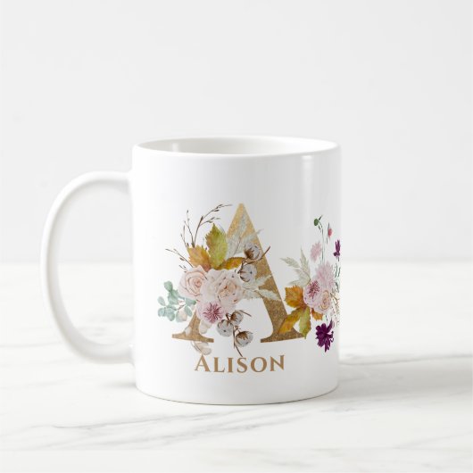 Mug Lettre A - Gold Floral Nom soeur collègue ami coll (Gauche)