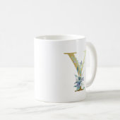 Mug Lettre à monogramme doré Y Fleurs aquarelles bleue (Devant droit)
