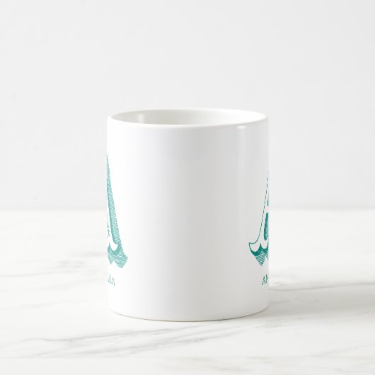 Mug Lettre A Monogramme Turquoise Nom moderne (Centre)