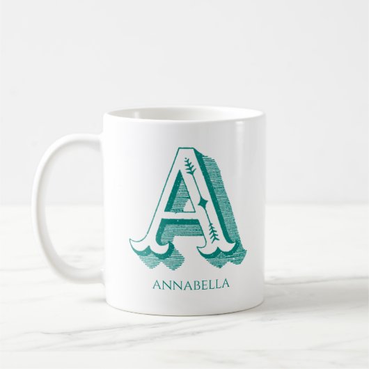 Mug Lettre A Monogramme Turquoise Nom moderne (Gauche)