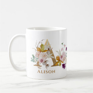 Mug Lettre A - Nom floral doré sœur collègue amie