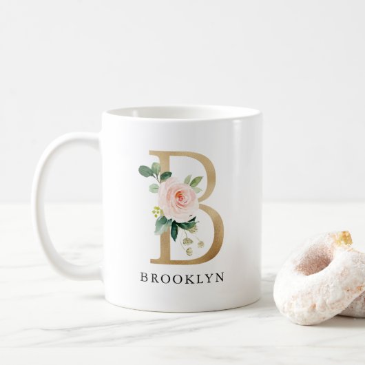 Mug LETTRE B MONOGRAPHIQUE BLANCHE PLEIN Floral & Or (Avec donut)