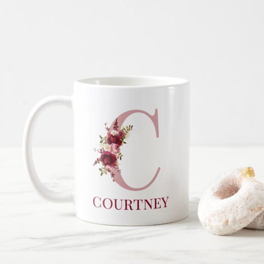 Mug Lettre C Bourgogne Blush Floral (Avec donut)