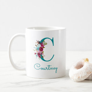 Mug Lettre C Floral Rose et Sarcelle