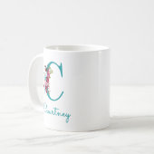 Mug Lettre C Floral Rose et Sarcelle (Devant gauche)