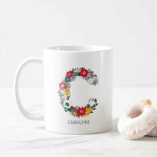Mug Lettre C | LETTRE FLEURIE Whimsical Monogramme I M (Avec donut)
