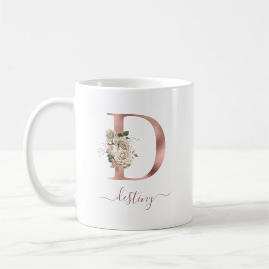 Mug Lettre "D" monogramme doré rose ivoire floral (Gauche)
