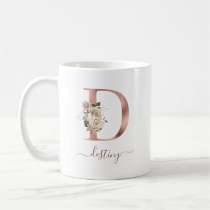Mug Lettre "D" monogramme en or rose ivoire floral