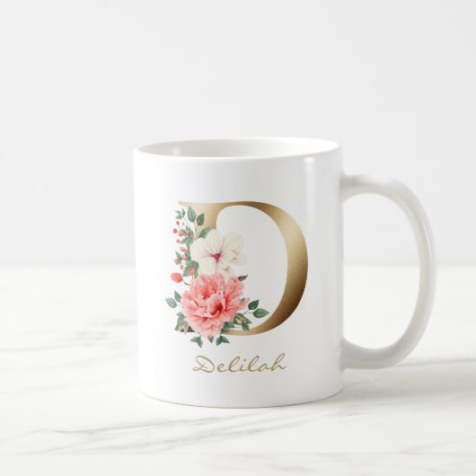 Mug Lettre D Monogramme or | Rose Blanc Vert Floral (Droite)