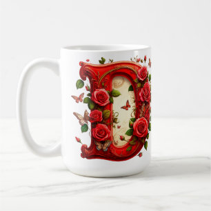 Mug Lettre D rouge élégante par Roses et Papillon