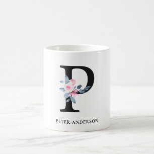 MUG LETTRE D'ALPHABÈTES FLORAUX BLEU BLEU DOUX NOM P