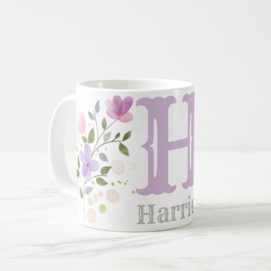 Mug Lettre de monogramme H & nom avec des fleurs (Devant gauche)