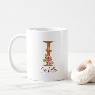 Mug Lettre de nom personnalisée I Roses roses blush fe